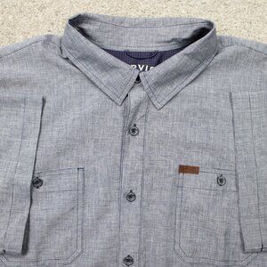 Orvis Shirt Mens 2XL XXL Blue Woven Tech UPF 30 Short Sleeve Button Casual
